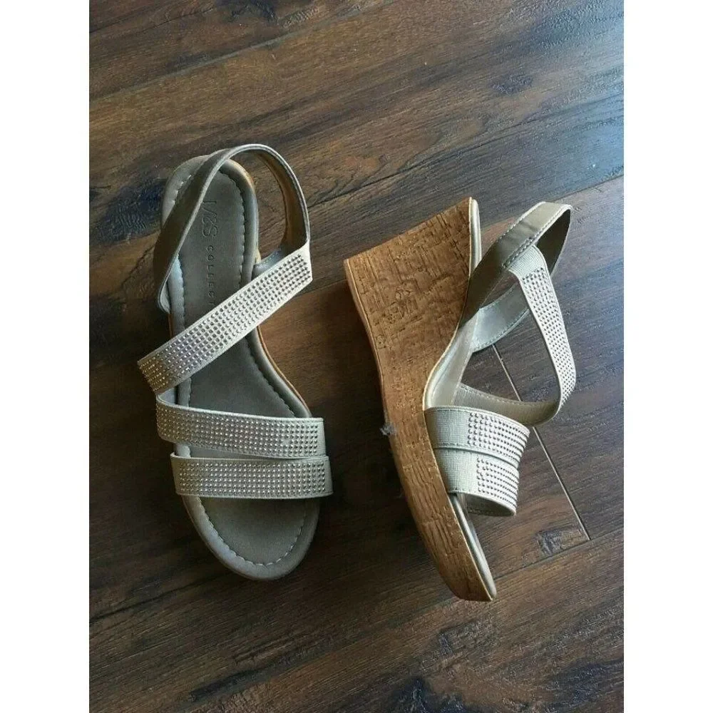 𝅺m&s British Taupe Stone Stud Beach Sun High Wedges Shoes Sandals 6.5 EU37 Uk4
